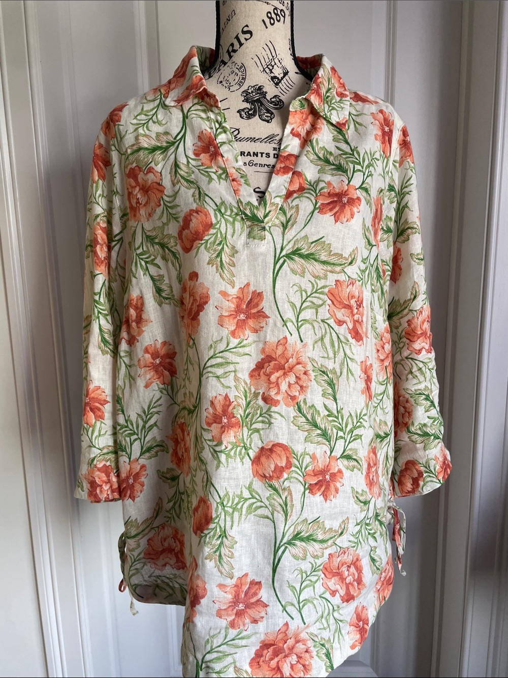 Joie Peach Floral V-Neck Linen-Blend Tunic